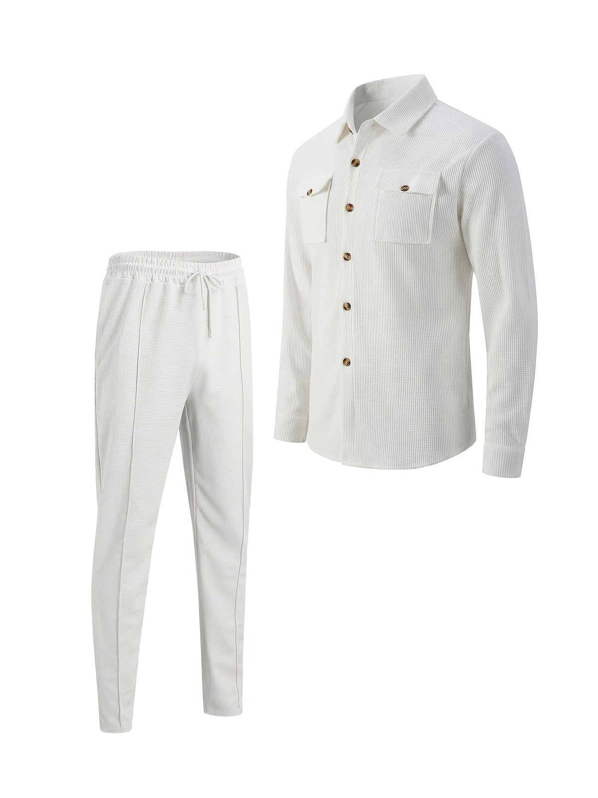 Waffle Knit Two-Piece Set Men's White Button Jacket & Drawstring Pants – Casual, Office, Holiday, Gift