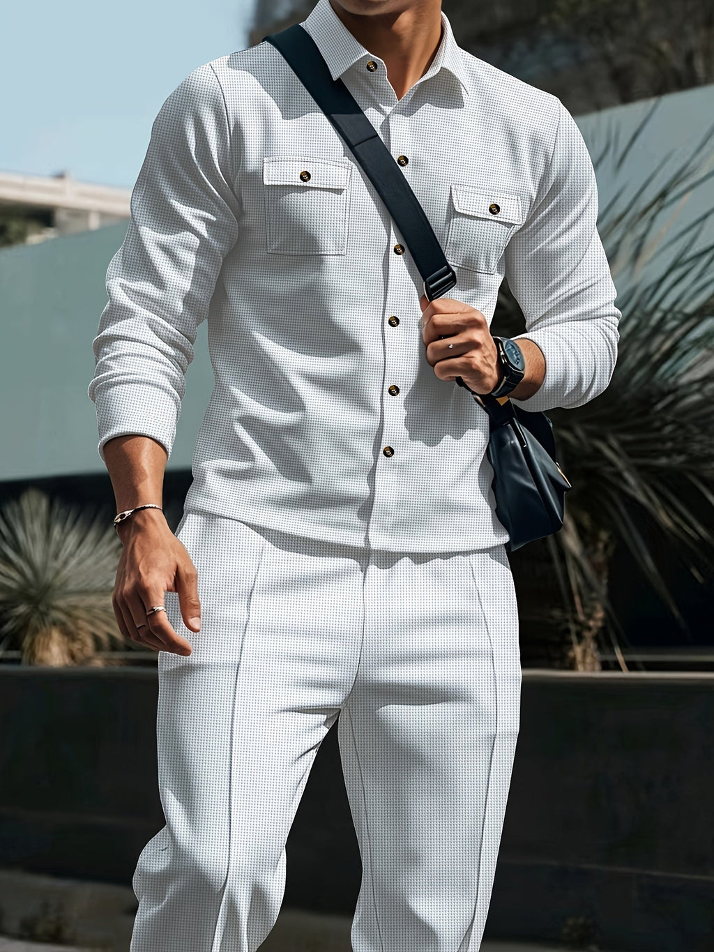 Waffle Knit Two-Piece Set Men's White Button Jacket & Drawstring Pants – Casual, Office, Holiday, Gift