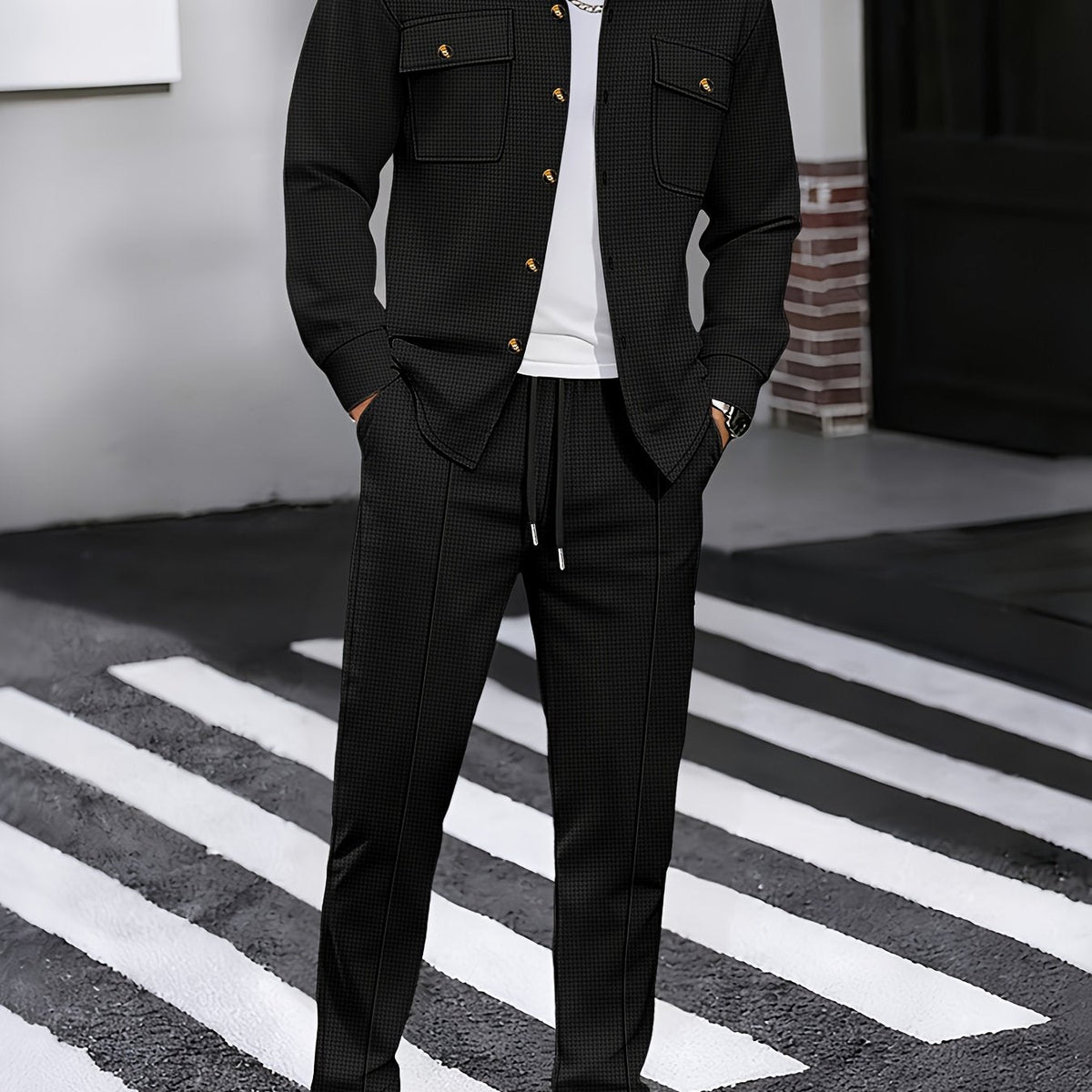 Waffle Knit Two-Piece Set Men's White Button Jacket & Drawstring Pants – Casual, Office, Holiday, Gift