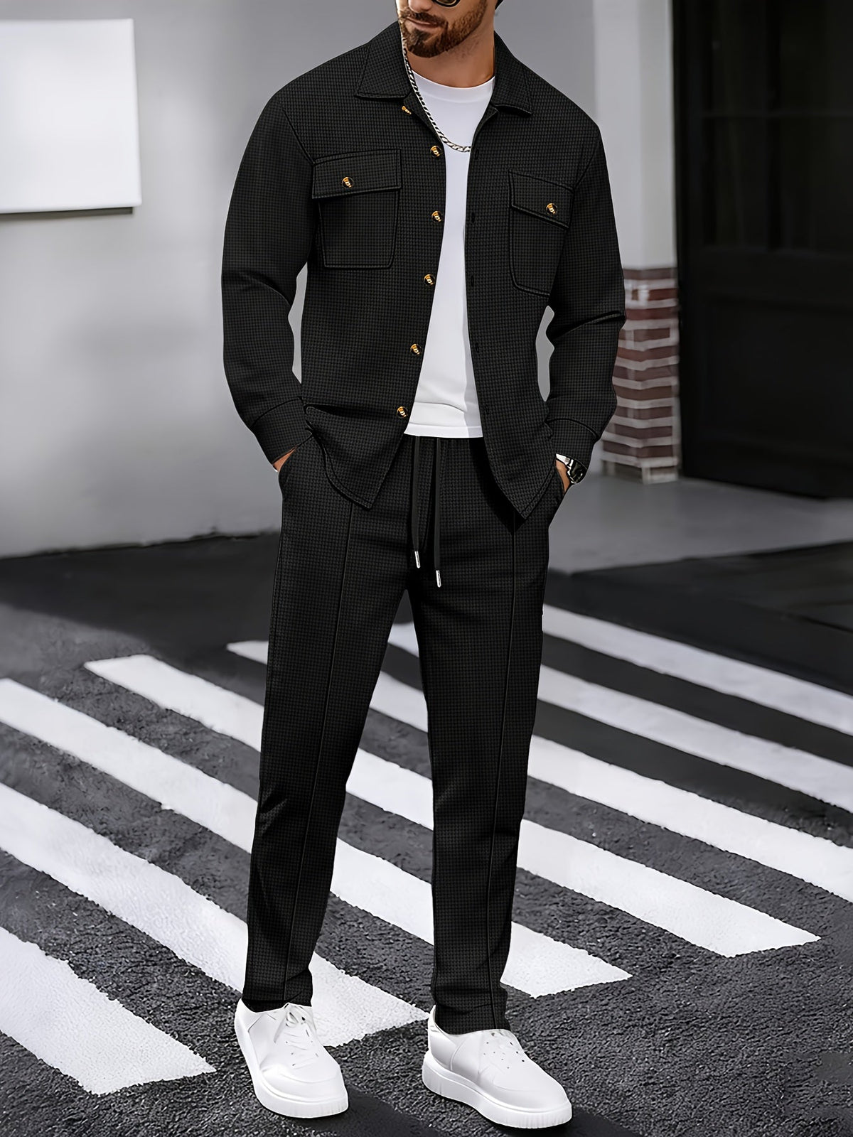 Waffle Knit Two-Piece Set Men's White Button Jacket & Drawstring Pants – Casual, Office, Holiday, Gift