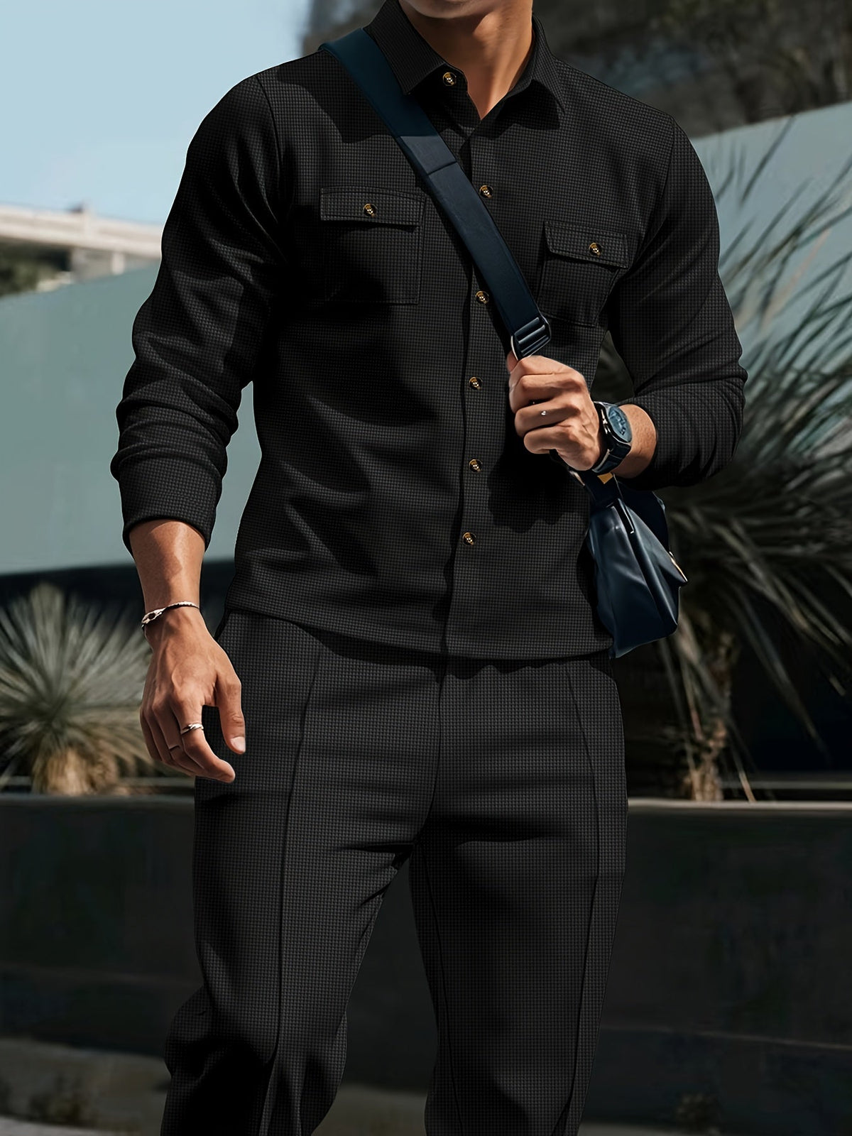 Waffle Knit Two-Piece Set Men's White Button Jacket & Drawstring Pants – Casual, Office, Holiday, Gift