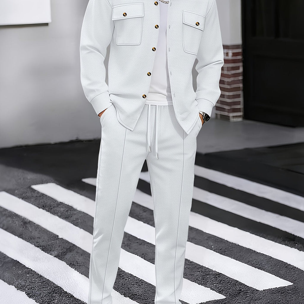Waffle Knit Two-Piece Set Men's White Button Jacket & Drawstring Pants – Casual, Office, Holiday, Gift