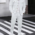 Waffle Knit Two-Piece Set Men's White Button Jacket & Drawstring Pants – Casual, Office, Holiday, Gift
