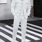 Waffle Knit Two-Piece Set Men's White Button Jacket & Drawstring Pants – Casual, Office, Holiday, Gift