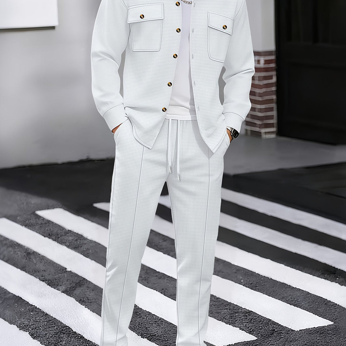 Waffle Knit Two-Piece Set Men's White Button Jacket & Drawstring Pants – Casual, Office, Holiday, Gift