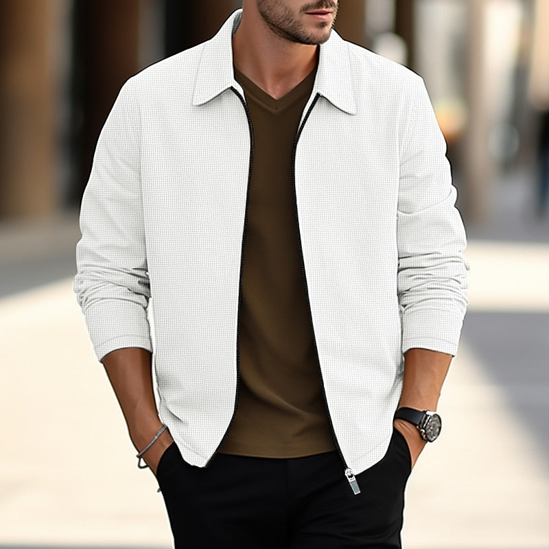 Waffle Knit Zip Jacket Men's Lightweight Textured Overshirt Lapel Collar – Casual, Office