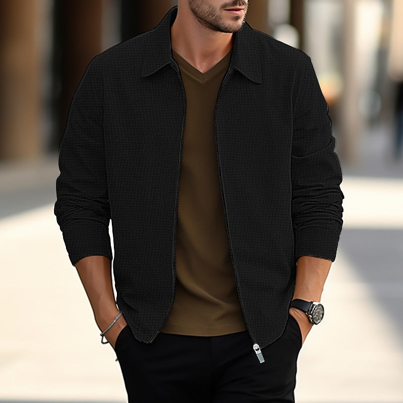 Waffle Knit Zip Jacket Men's Lightweight Textured Overshirt Lapel Collar – Casual, Office