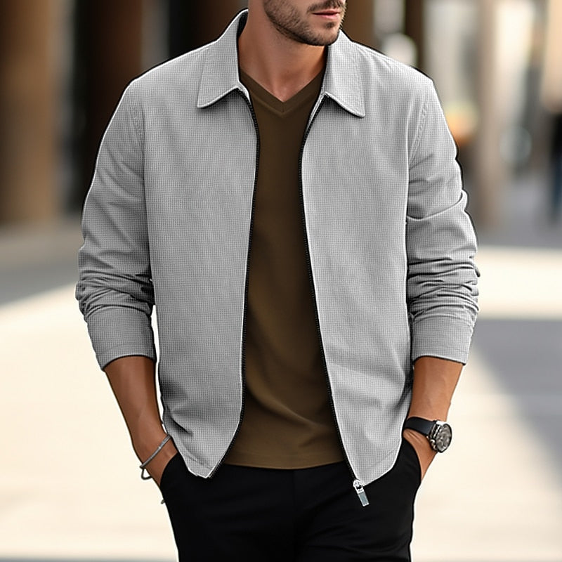 Waffle Knit Zip Jacket Men's Lightweight Textured Overshirt Lapel Collar – Casual, Office