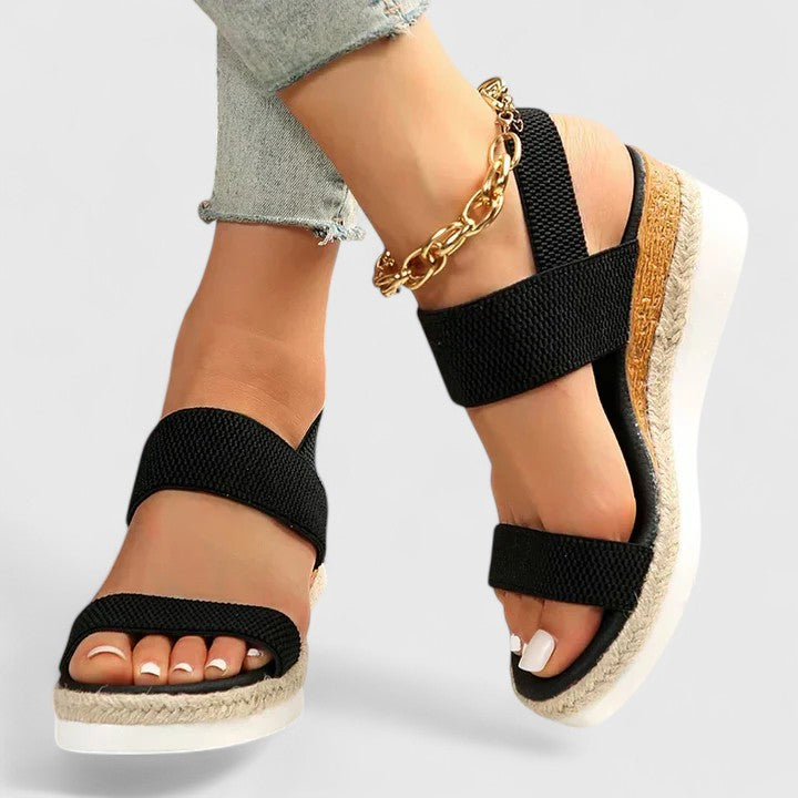 Wedge Sandals Black Elastic Strap Espadrille Platform Women's – Casual, Summer · Faylori
