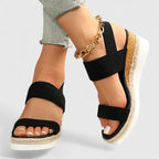 Wedge Sandals Black Elastic Strap Espadrille Platform Women's – Casual, Summer · Faylori