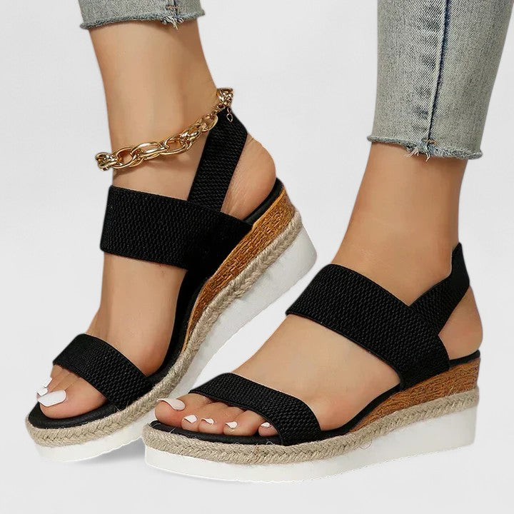 Wedge Sandals Black Elastic Strap Espadrille Platform Women's – Casual, Summer · Faylori