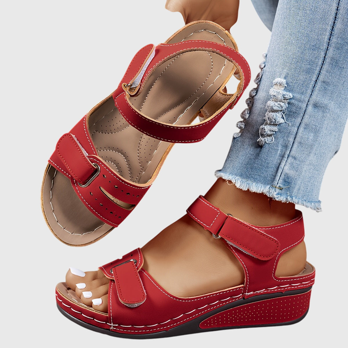 Wedge Sandals Women's Open Toe Adjustable Strap Ankle Sandals Red – Casual, Summer, Everyday Comfort Walking