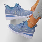 Wedge Sneakers Gray Mesh Rhinestone Women's Lace-Up Comfort Shoes – Casual, Everyday Walking