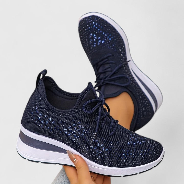 Wedge Sneakers Gray Mesh Rhinestone Women's Lace-Up Comfort Shoes – Casual, Everyday Walking
