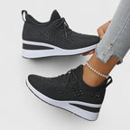 Wedge Sneakers Gray Mesh Rhinestone Women's Lace-Up Comfort Shoes – Casual, Everyday Walking