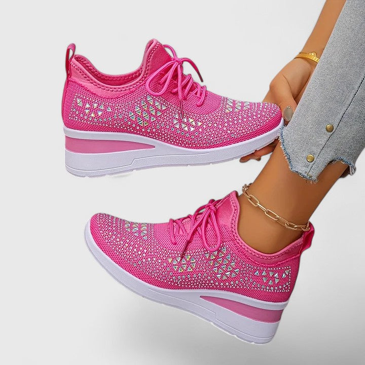 Wedge Sneakers Gray Mesh Rhinestone Women's Lace-Up Comfort Shoes – Casual, Everyday Walking