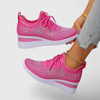 Wedge Sneakers Gray Mesh Rhinestone Women's Lace-Up Comfort Shoes – Casual, Everyday Walking