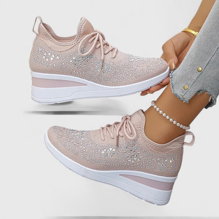Wedge Sneakers Gray Mesh Rhinestone Women's Lace-Up Comfort Shoes – Casual, Everyday Walking