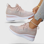 Wedge Sneakers Gray Mesh Rhinestone Women's Lace-Up Comfort Shoes – Casual, Everyday Walking