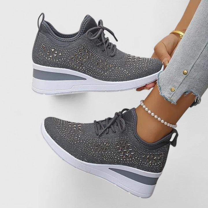 Wedge Sneakers Gray Mesh Rhinestone Women's Lace-Up Comfort Shoes – Casual, Everyday Walking