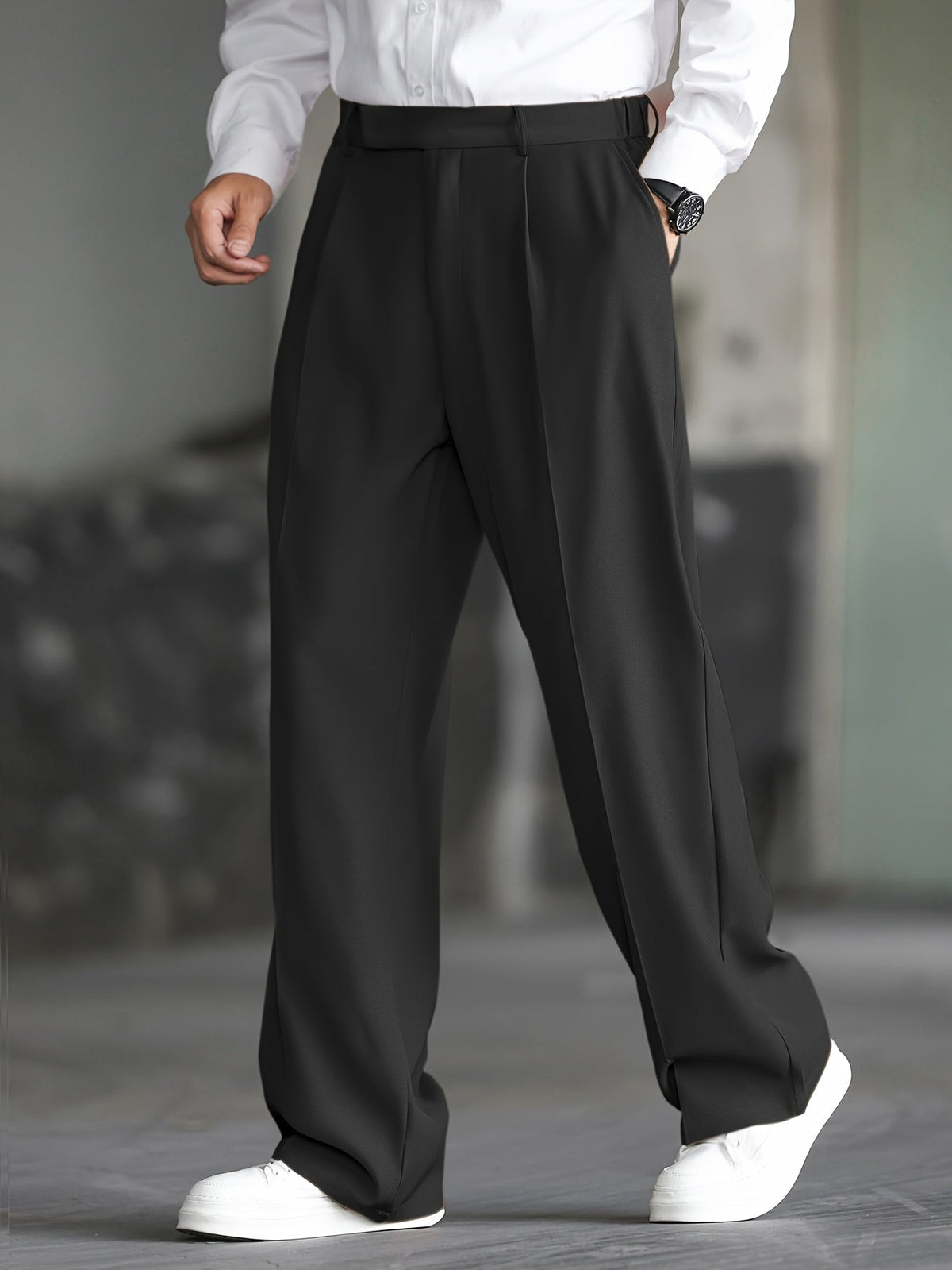 Wide-Leg Dress Pants Men's Relaxed Fit Black Pleated Trousers – Office, Casual, Formal Wear