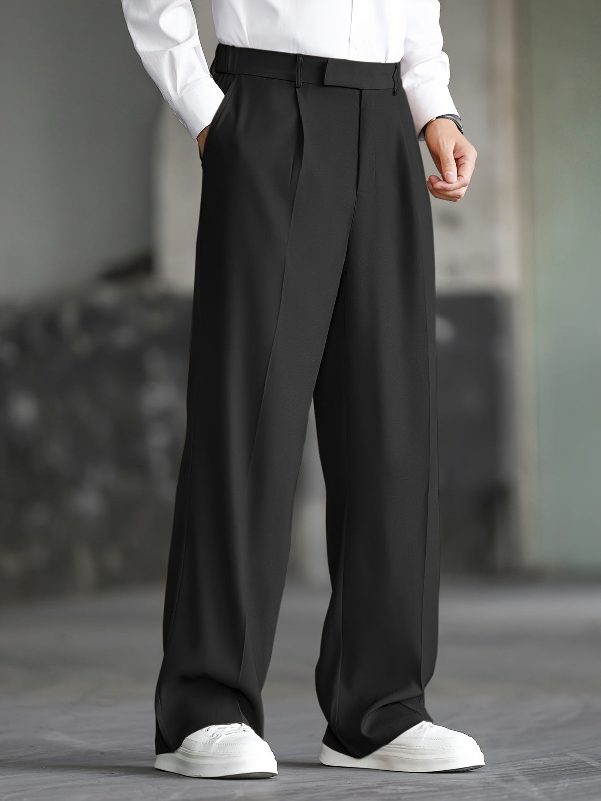 Wide-Leg Dress Pants Men's Relaxed Fit Black Pleated Trousers – Office, Casual, Formal Wear