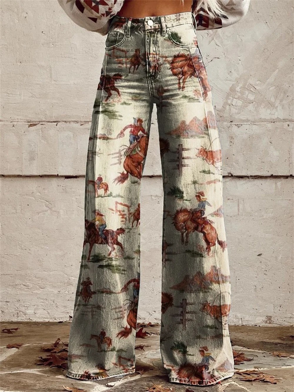 Wide Leg Pants Black Western Cowboy Print High Waist Women's – Casual, Office · Faylori