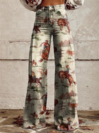 Wide Leg Pants Black Western Cowboy Print High Waist Women's – Casual, Office · Faylori