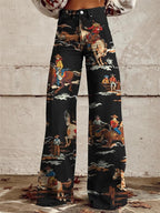 Wide Leg Pants Black Western Cowboy Print High Waist Women's – Casual, Office · Faylori