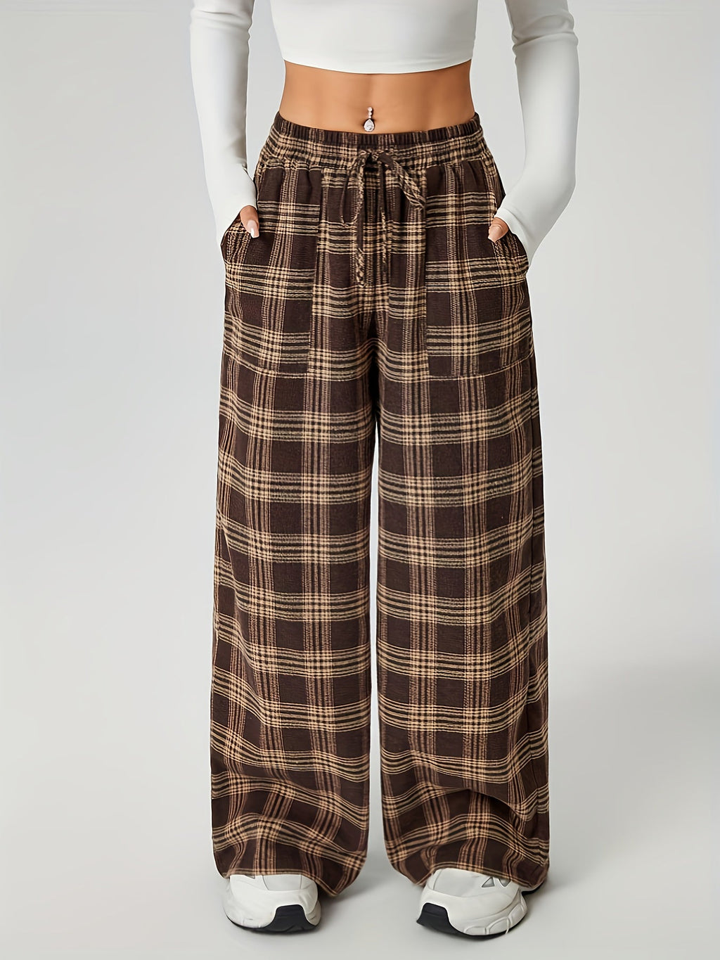 Wide-Leg Pants Brown Plaid Women's Drawstring High Waist with Pockets – Casual, Office