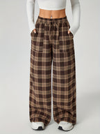 Wide-Leg Pants Brown Plaid Women's Drawstring High Waist with Pockets – Casual, Office