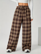 Wide-Leg Pants Brown Plaid Women's Drawstring High Waist with Pockets – Casual, Office