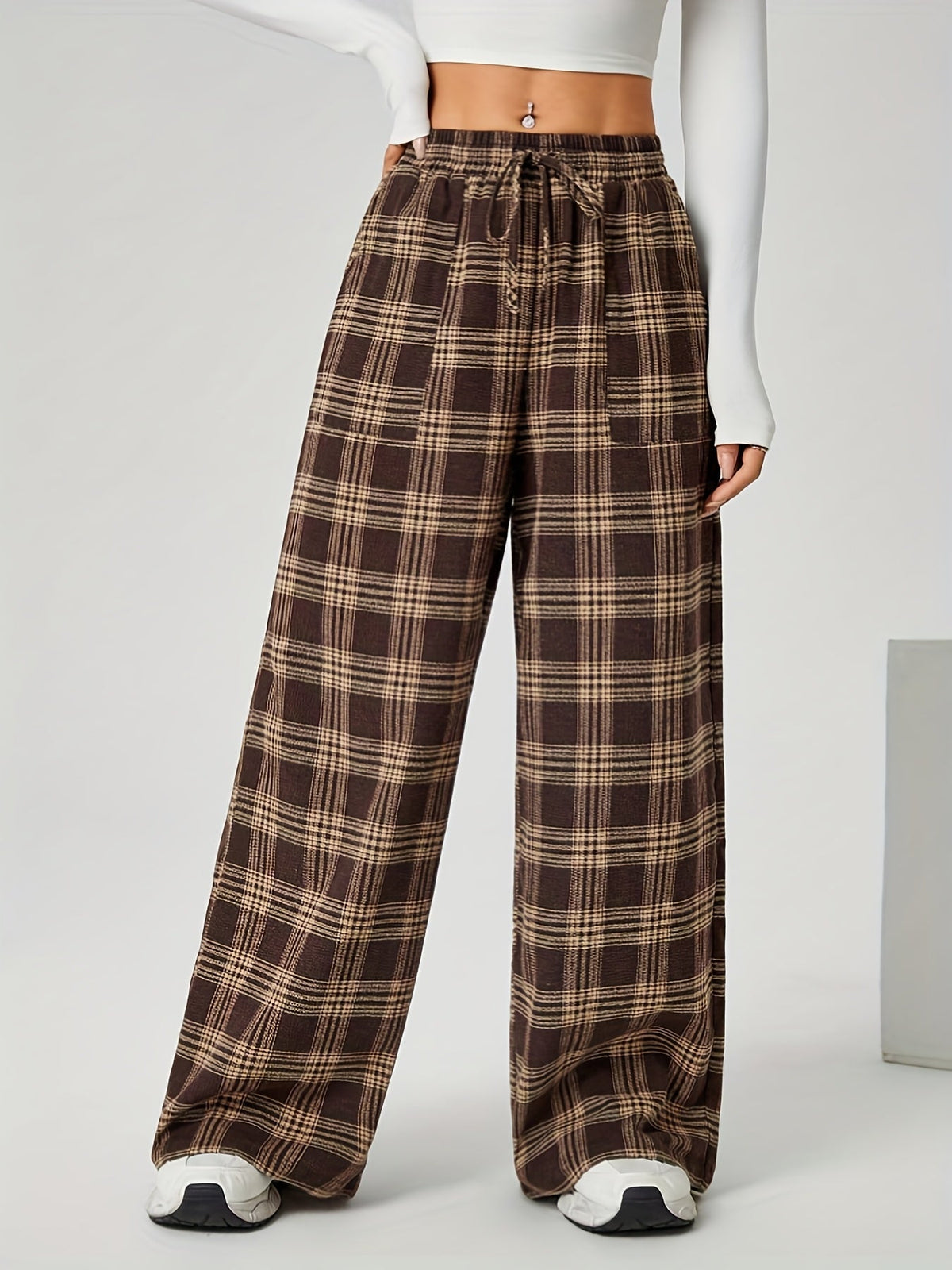 Wide-Leg Pants Brown Plaid Women's Drawstring High Waist with Pockets – Casual, Office