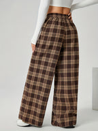 Wide-Leg Pants Brown Plaid Women's Drawstring High Waist with Pockets – Casual, Office