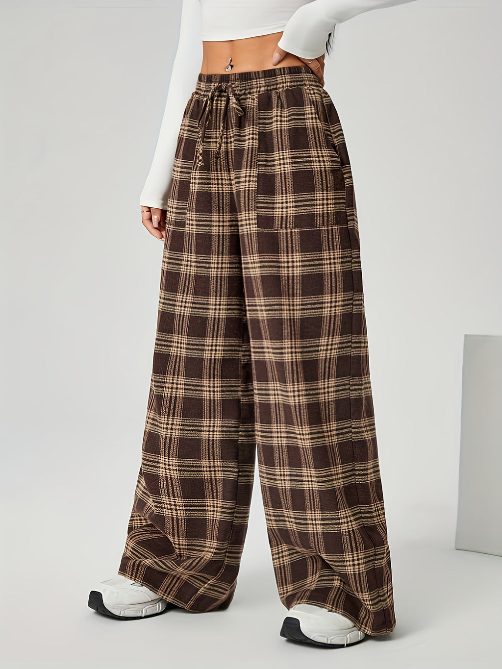 Wide-Leg Pants Brown Plaid Women's Drawstring High Waist with Pockets – Casual, Office