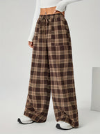 Wide-Leg Pants Brown Plaid Women's Drawstring High Waist with Pockets – Casual, Office