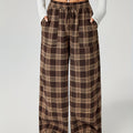 Wide-Leg Pants Brown Plaid Women's Drawstring High Waist with Pockets – Casual, Office