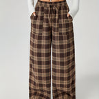 Wide-Leg Pants Brown Plaid Women's Drawstring High Waist with Pockets – Casual, Office