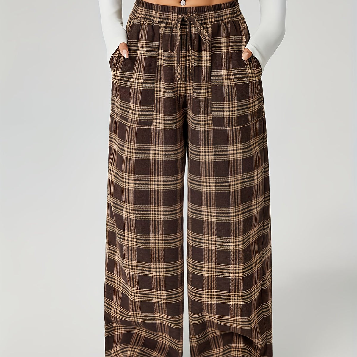 Wide-Leg Pants Brown Plaid Women's Drawstring High Waist with Pockets – Casual, Office