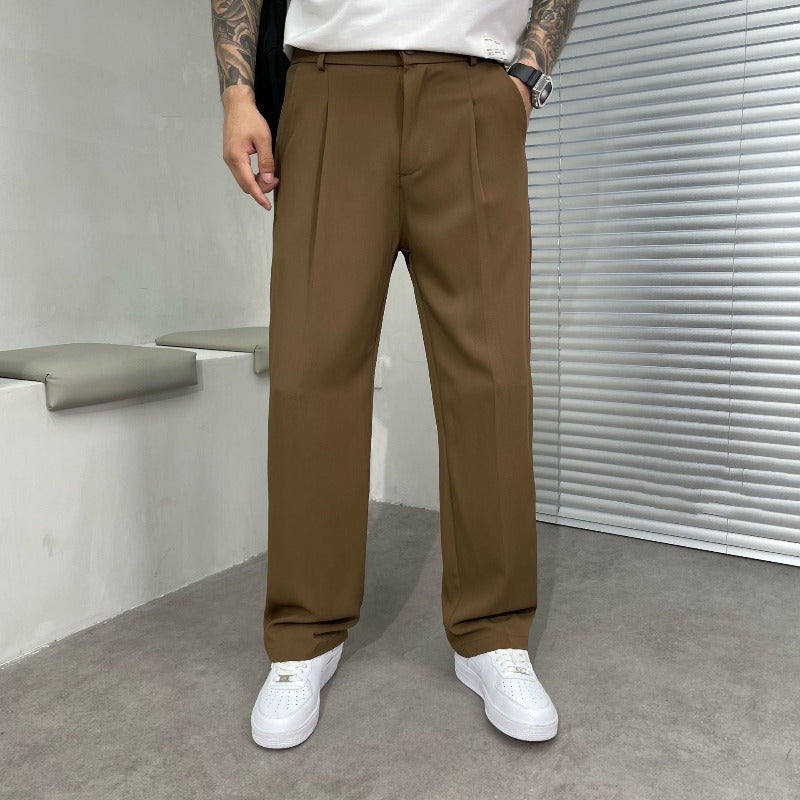 Wide-Leg Trousers Brown Pleated Men's Dress Pants – Office, Casual · Faylori