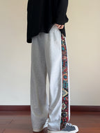 Wide-Leg Trousers Men's Black with Ethnic Side Panel Embroidered Drawstring Pants – Casual, Streetwear