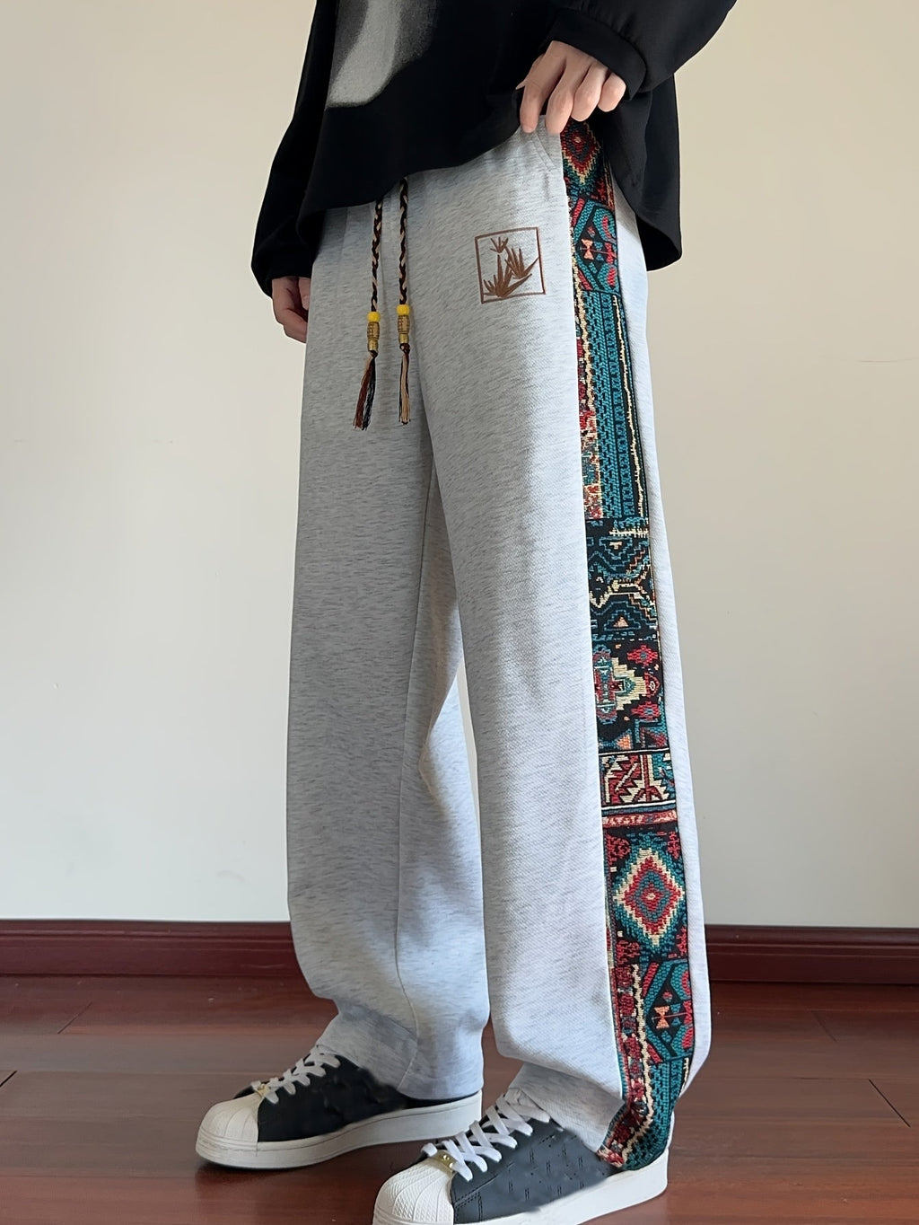 Wide-Leg Trousers Men's Black with Ethnic Side Panel Embroidered Drawstring Pants – Casual, Streetwear