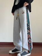 Wide-Leg Trousers Men's Black with Ethnic Side Panel Embroidered Drawstring Pants – Casual, Streetwear