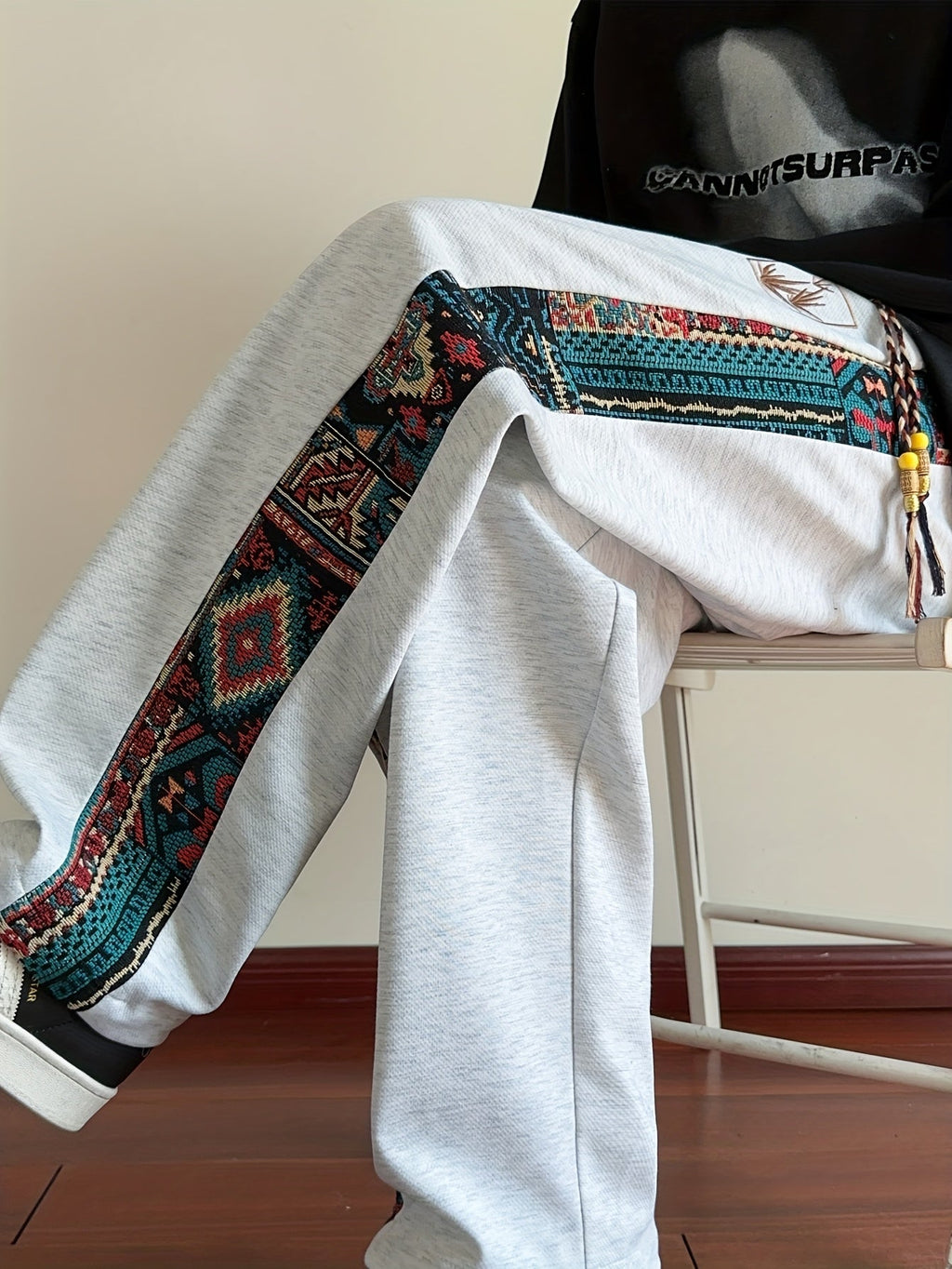 Wide-Leg Trousers Men's Black with Ethnic Side Panel Embroidered Drawstring Pants – Casual, Streetwear