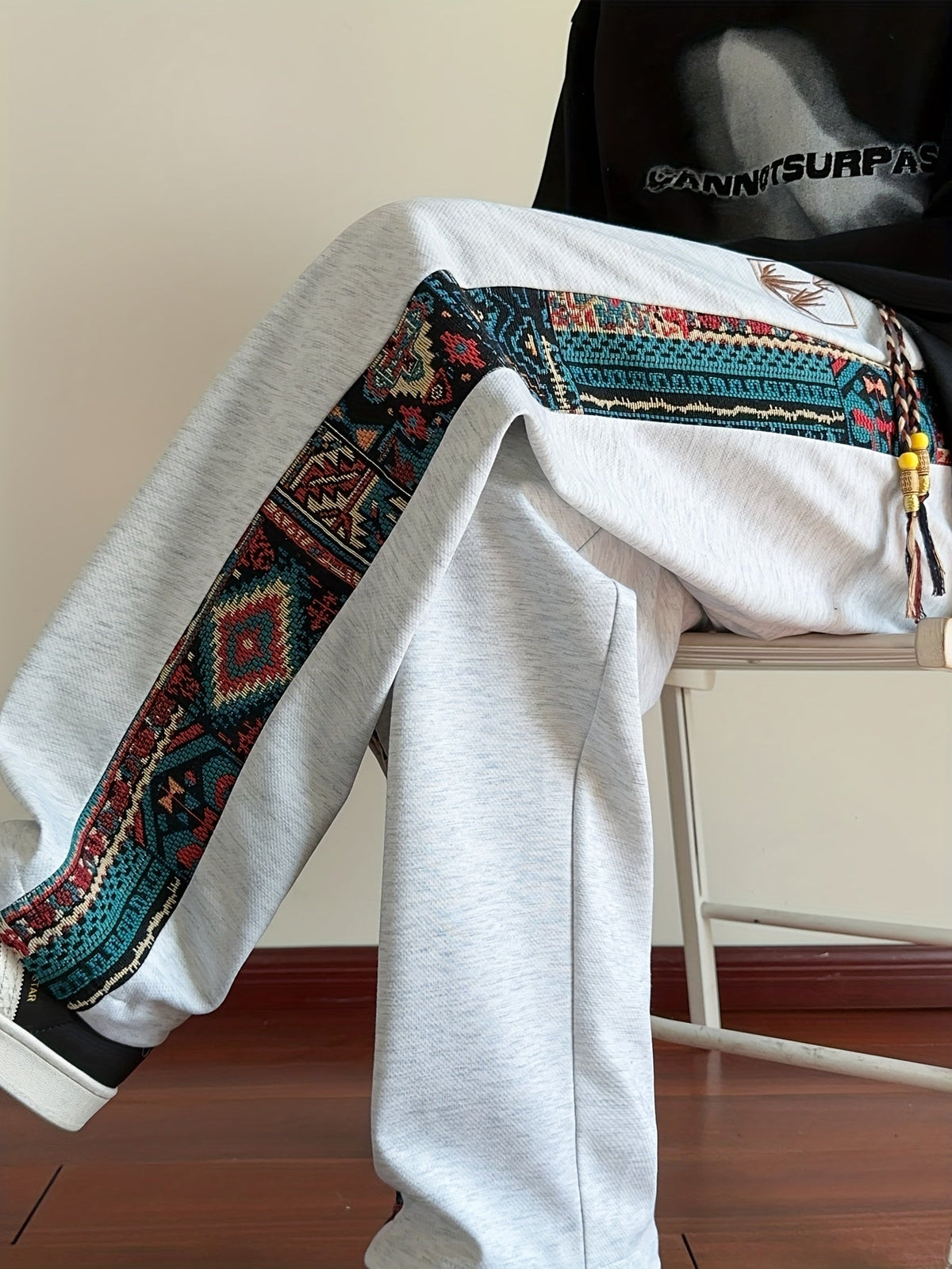 Wide-Leg Trousers Men's Black with Ethnic Side Panel Embroidered Drawstring Pants – Casual, Streetwear