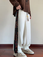 Wide-Leg Trousers Men's Black with Ethnic Side Panel Embroidered Drawstring Pants – Casual, Streetwear