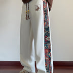 Wide-Leg Trousers Men's Black with Ethnic Side Panel Embroidered Drawstring Pants – Casual, Streetwear
