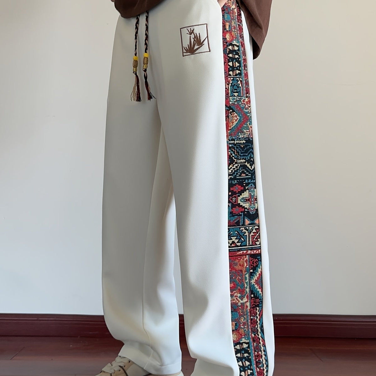 Wide-Leg Trousers Men's Black with Ethnic Side Panel Embroidered Drawstring Pants – Casual, Streetwear