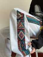 Wide-Leg Trousers Men's Black with Ethnic Side Panel Embroidered Drawstring Pants – Casual, Streetwear