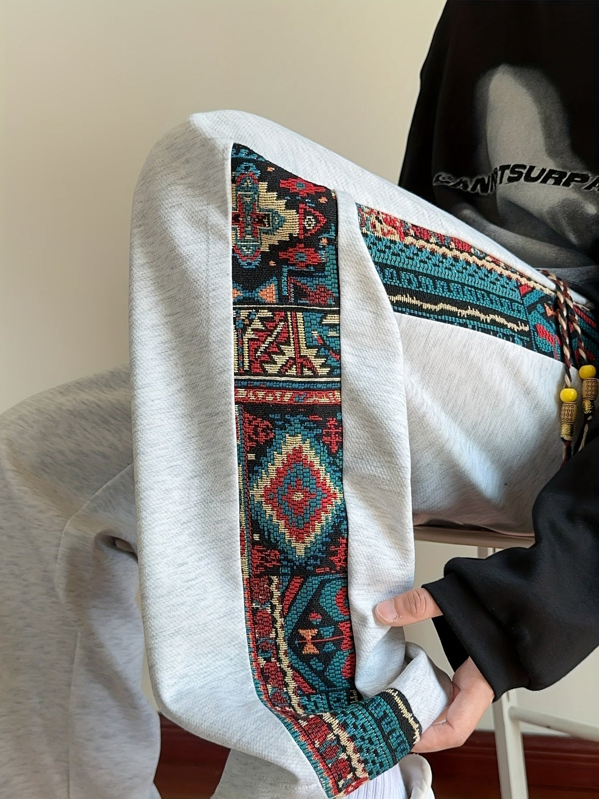 Wide-Leg Trousers Men's Black with Ethnic Side Panel Embroidered Drawstring Pants – Casual, Streetwear